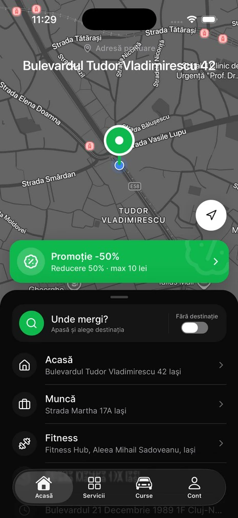 Aplicația client în modul întunecat, cu harta și adresele salvate