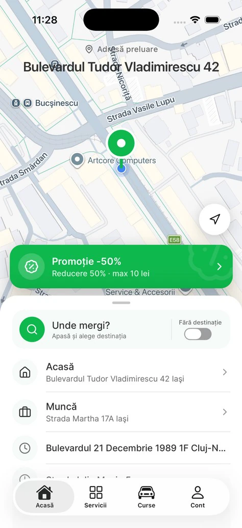 Aplicația client: harta cu punctul de preluare, promoția activă, câmpul „Unde mergi?” și adresele salvate