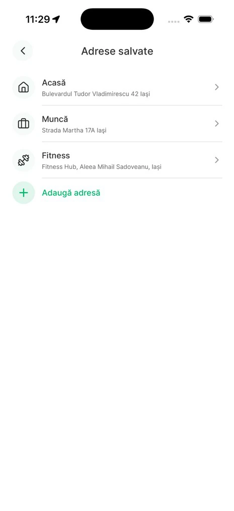 Aplicația client: adresele salvate Acasă, Muncă și Fitness, cu buton de adăugare