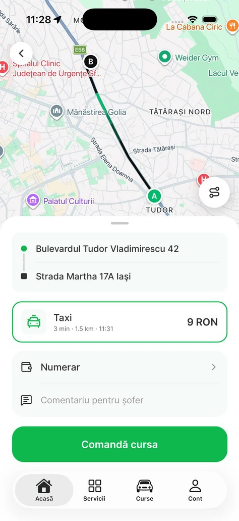 Aplicația client: traseul pe hartă, prețul estimat, metoda de plată și butonul „Comandă cursa”