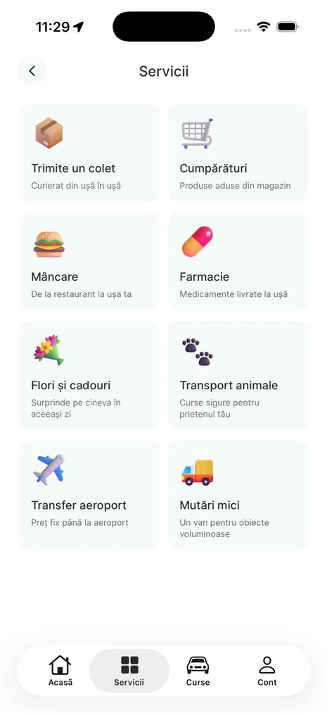 Aplicația client: servicii suplimentare precum colet, cumpărături, mâncare, farmacie, flori, transport animale, transfer aeroport și mutări