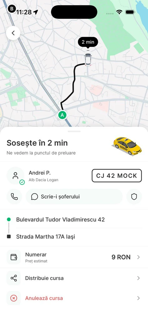 Aplicația client: șoferul sosește în 2 minute, cu numele, mașina, apel, mesaj și anulare