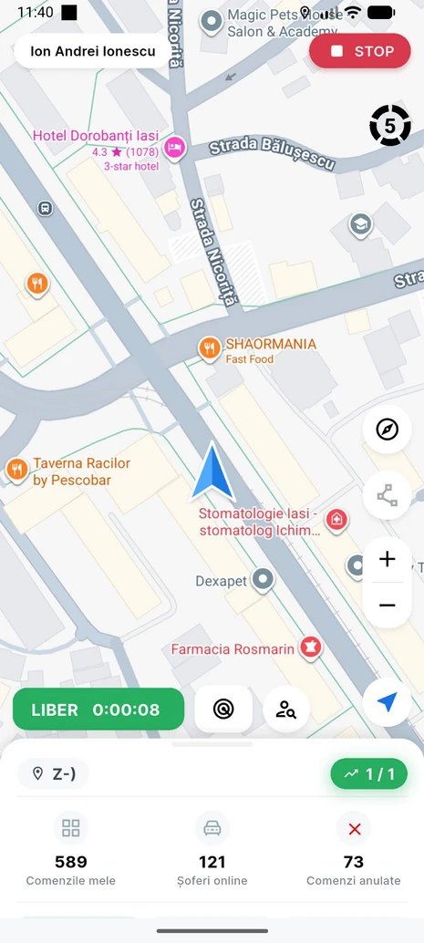 Aplicația șoferului: harta Google cu poziția mașinii, statusul LIBER și cronometrul
