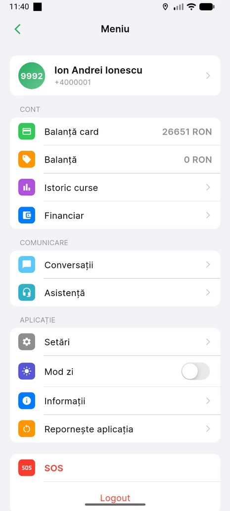 Meniul aplicației șoferului: balanță de card, istoric curse, financiar, conversații, asistență, setări și SOS