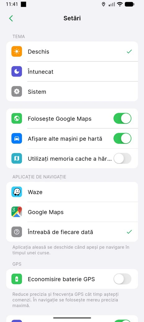 Setările aplicației șoferului: temă, hartă Google, aplicația de navigație și economisirea bateriei GPS