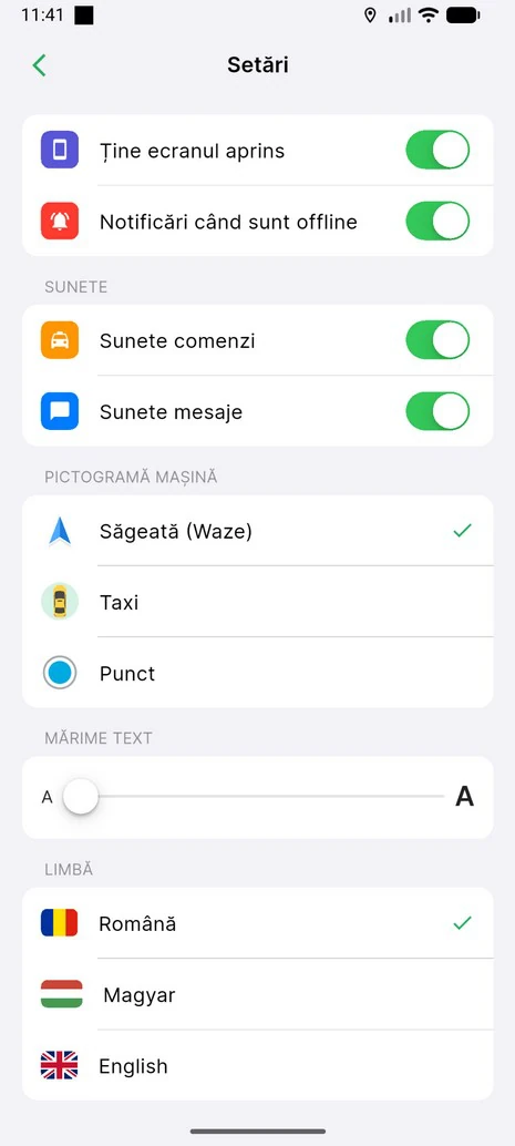 Setările aplicației șoferului: ecran aprins, notificări offline, sunete, pictograma mașinii, mărimea textului și limba