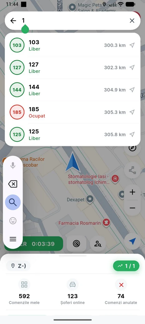 Aplicația șoferului: șoferii din zona 1, cu status și distanță