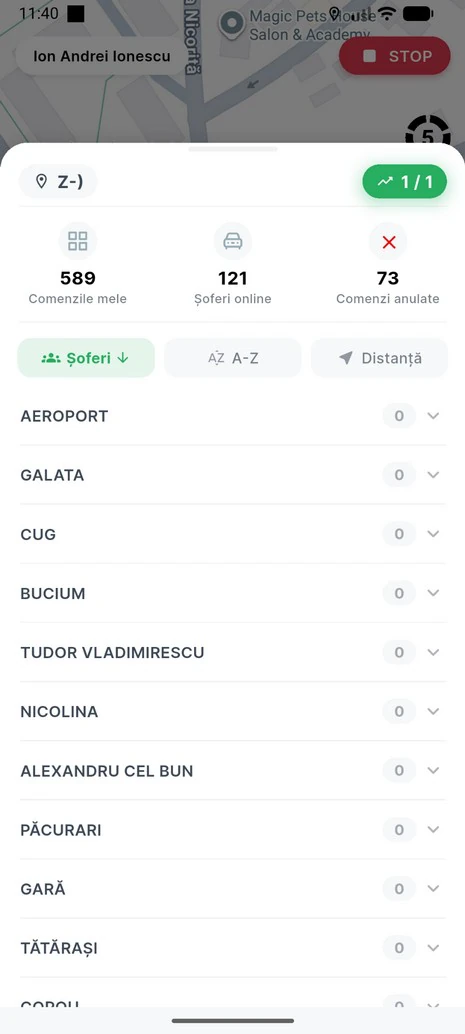 Aplicația șoferului: lista zonelor cu numărul de comenzi, comenzile mele, șoferi online și comenzi anulate
